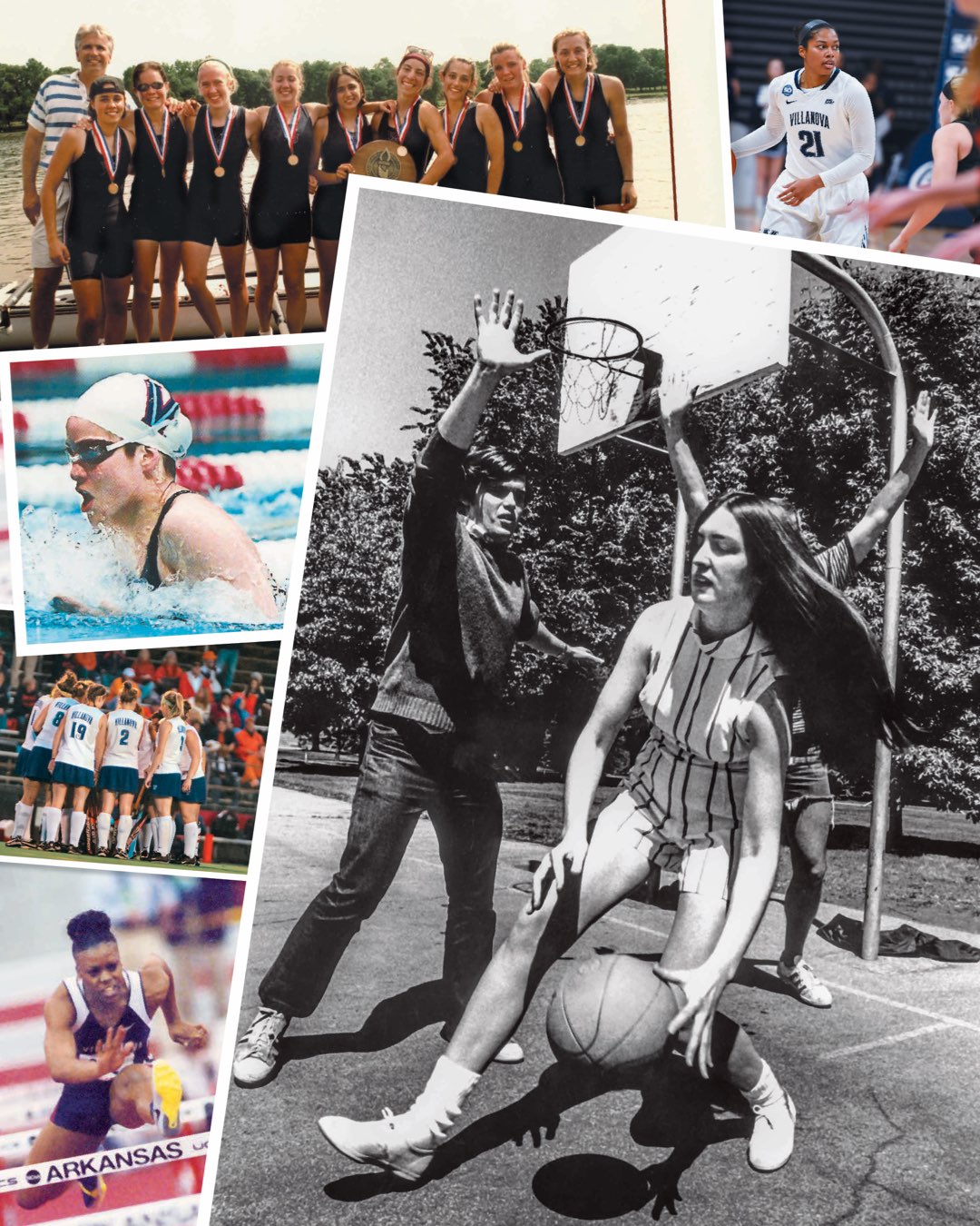 A collage of photos from years past of female Villanova athletes in basketball, rowing, swimming, field hockey and track