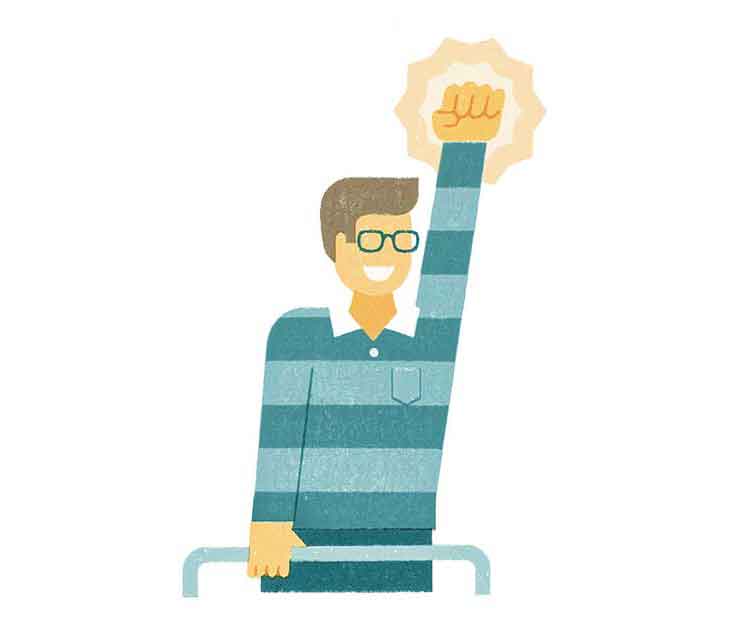 Illustration of a man holding one hand on a bar and the other raised in triumph
