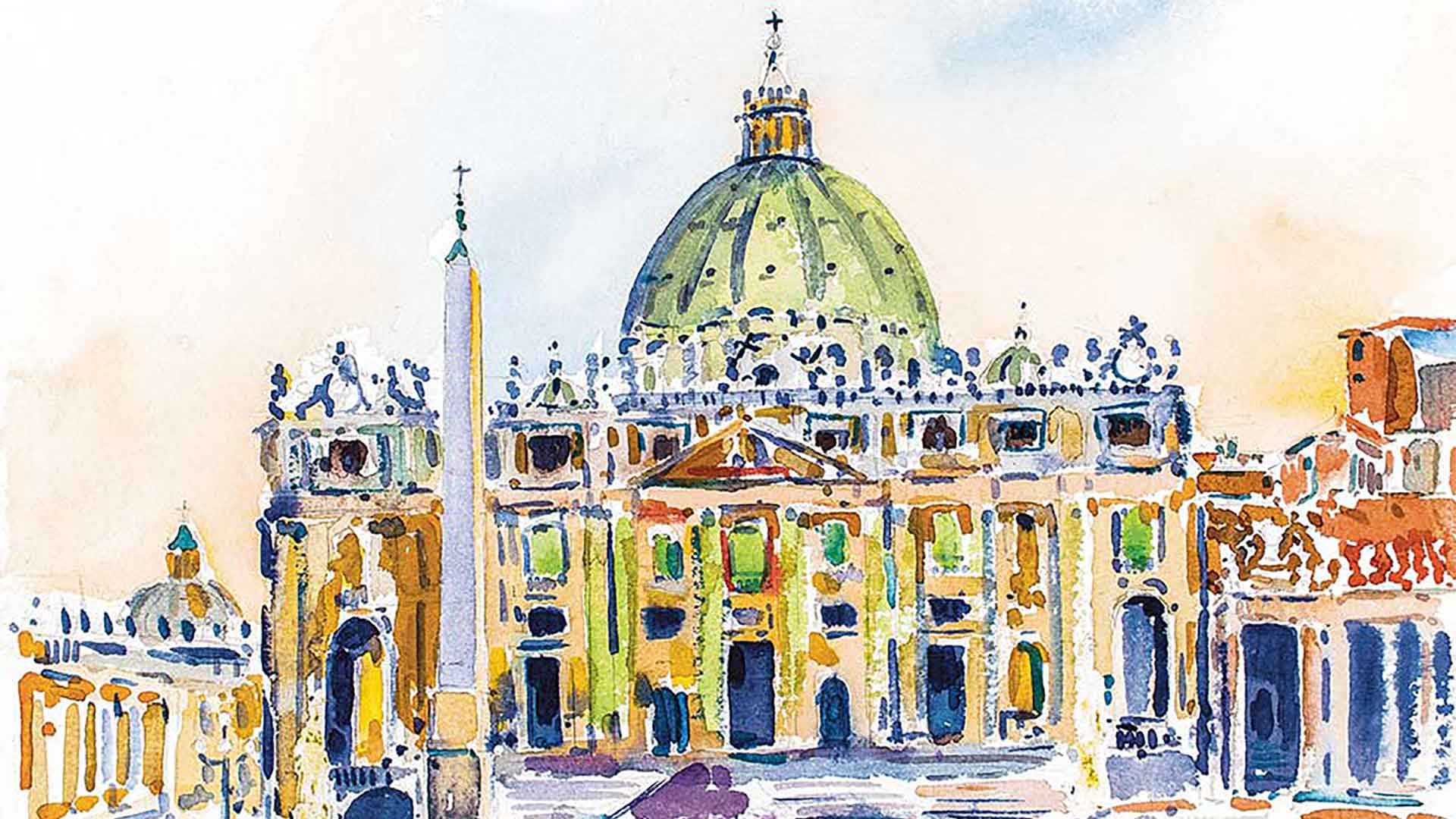 Colorful sketch of stain glassed windows by Fr. Cannuli