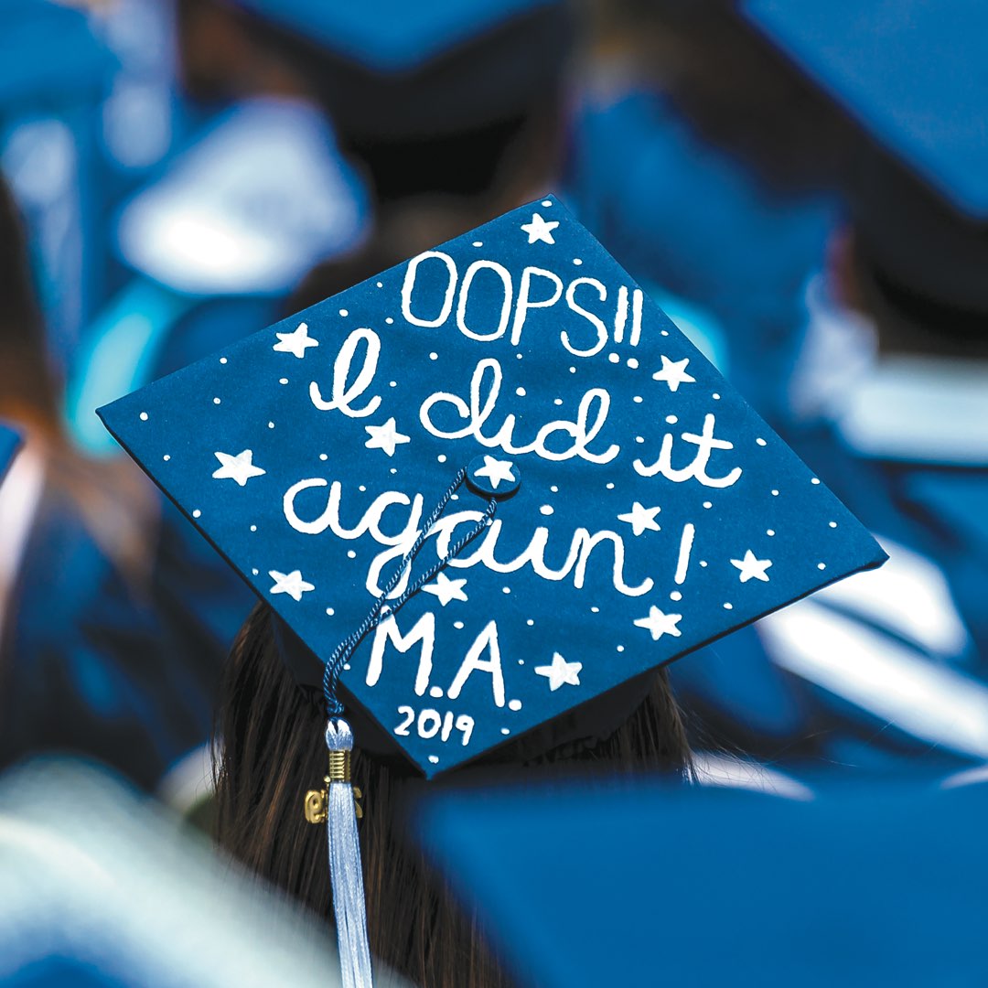 Cap reads “Oops!! I did it again! M.A. 2019” in white paint with stars