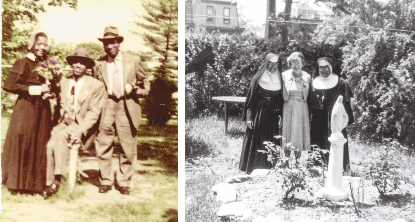 Old photo of Sister Cora Marie in her habit with her father and her grandfather wearing suits and hats