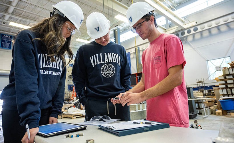 Bachelor of Science in Civil Engineering Students in hardhats in Villanova's Structures Lab
