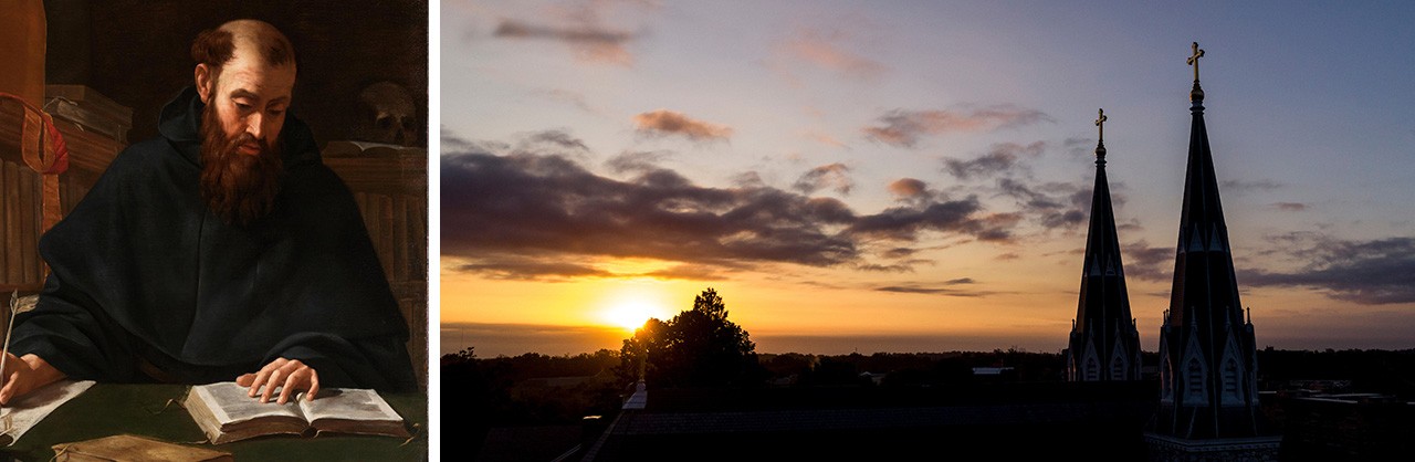 Painting of St. Augustine next to image of Villanova Church steeples at sunset