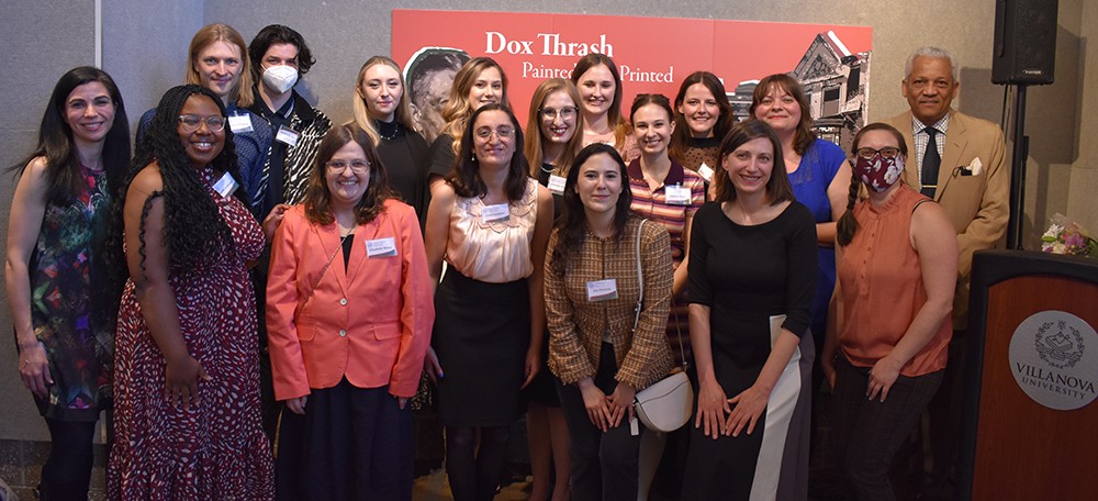 History graduate students at the opening reception of a new exhibit, Dox Thrash: Painted, Not Printed, in the Villanova University Art Gallery History graduate students at the opening reception of a new exhibit, Dox Thrash: Painted, Not Printed, in the Villanova University Art Gallery