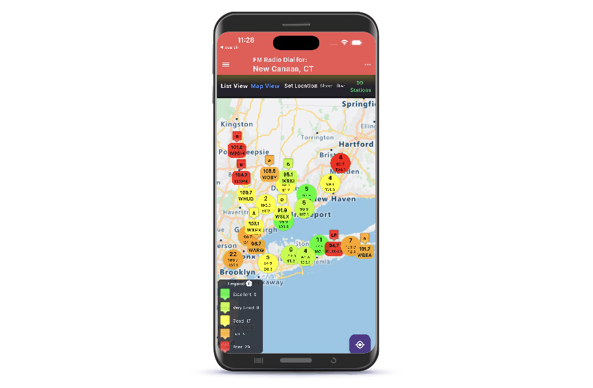 a phone screen displays a map from the RadioLand mobile app