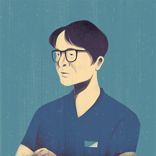 Illustration of an Asian male nurse practioner who's wearing glasses