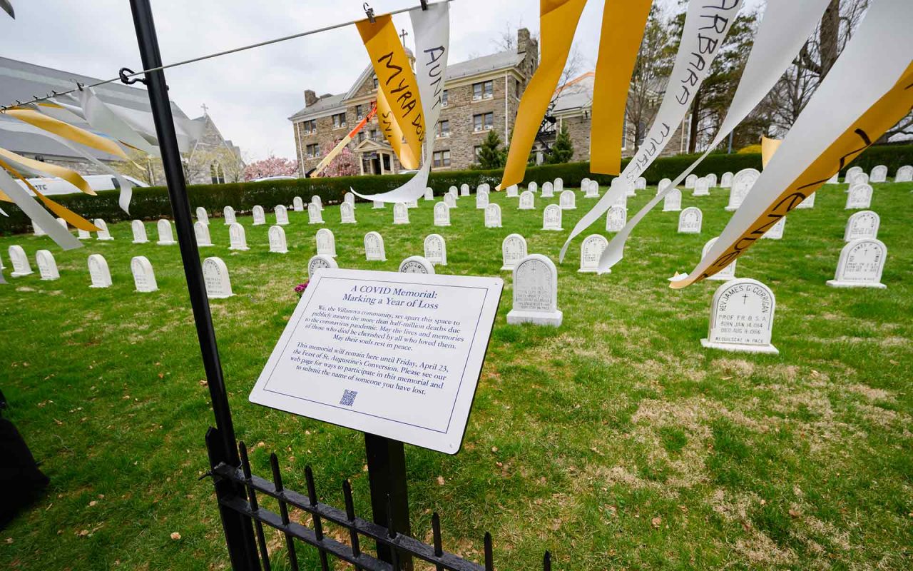 plaque at the COVID Memorial on Villanova's campus